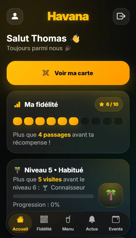 Application de fidélité conçue pour le bar Havana : progression du client, points et niveau