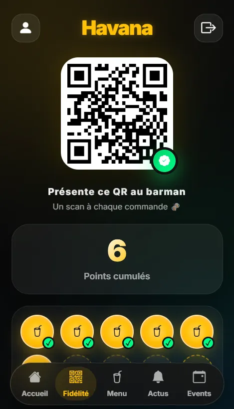 Côté client : le QR code personnel à présenter au barman et les points cumulés