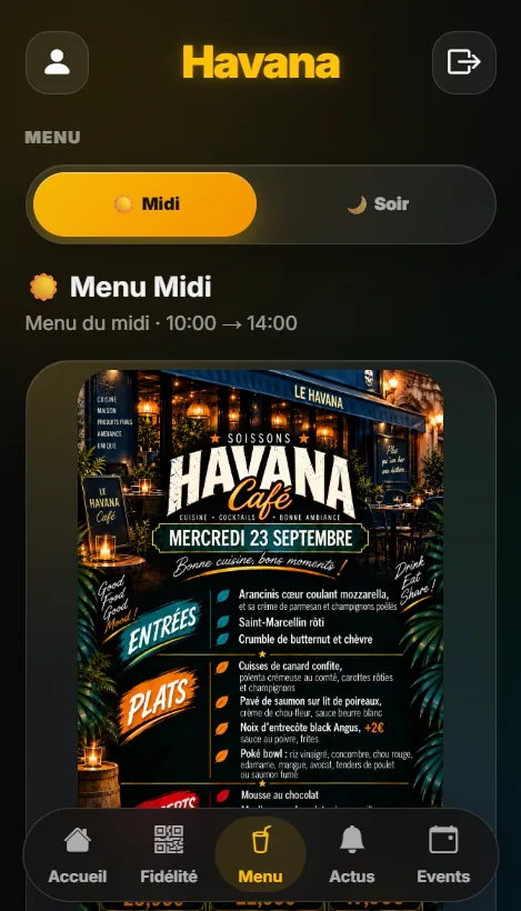 Menu du midi du Havana consultable dans l’application