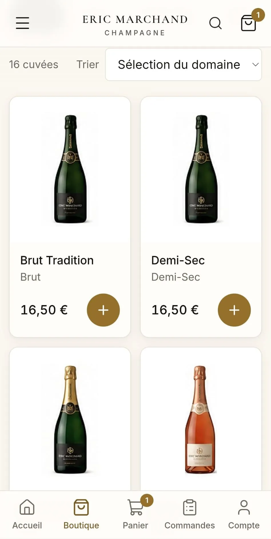 Catalogue des cuvées Eric Marchand avec prix et ajout au panier