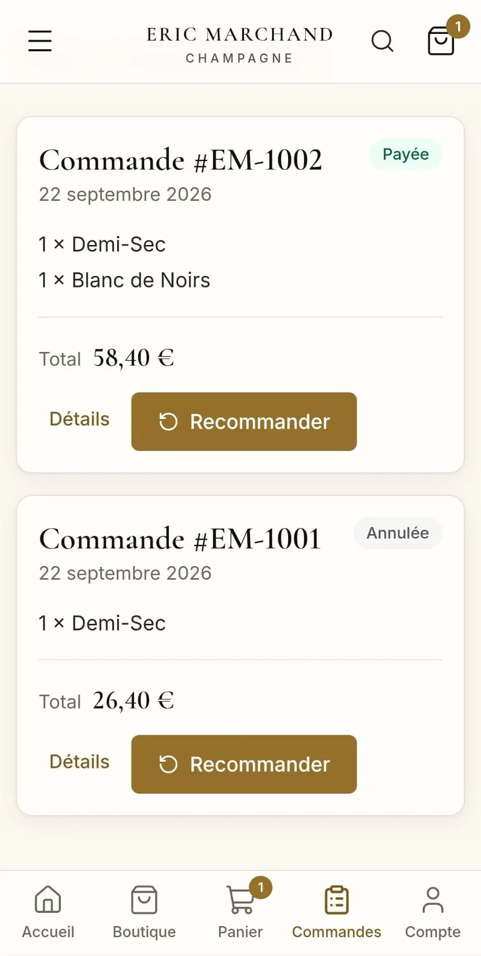Historique des commandes avec bouton Recommander