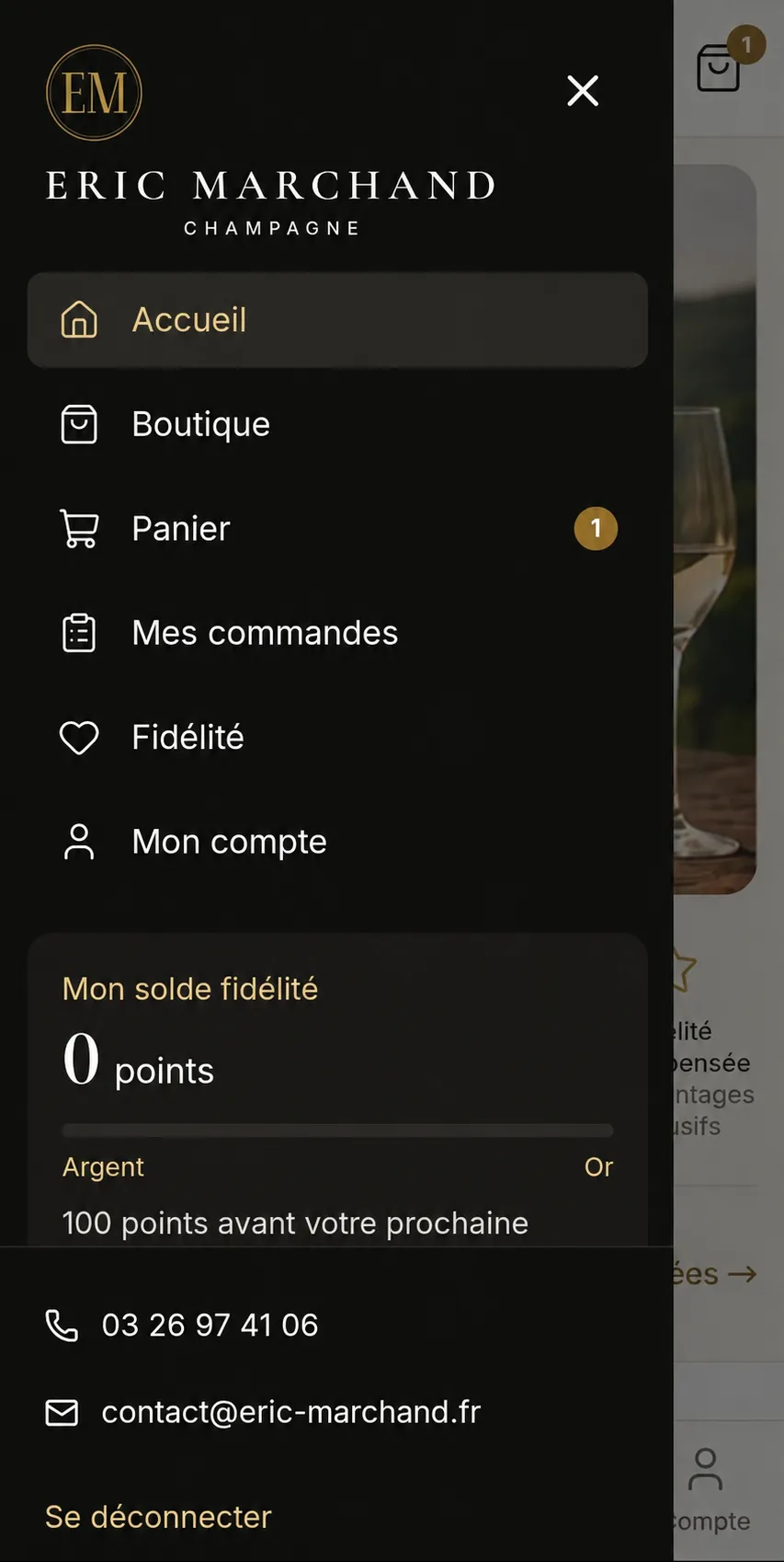 Menu du compte client avec solde fidélité et paliers Argent / Or